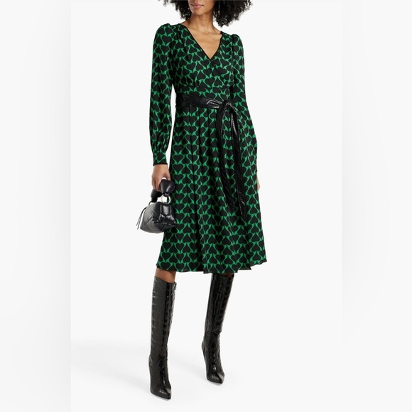 Diane Von Furstenberg Long Sleeve Faux Wrap Midi Dress Green Black Sz 16 no belt - Picture 12 of 14